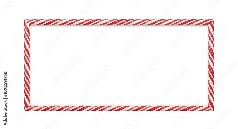 Fototapeta premium a glossy, rectangular frame with sharply defined diagonal red and white candy cane stripes, isolated on gray, surrounding blank white copy space for festive graphic design concept
