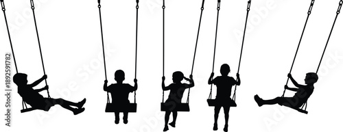 Silhouettes of children swinging on playground swings, showing outdoor playtime, youthful recreation, motion, carefree childhood fun and park activity in a playful social setting