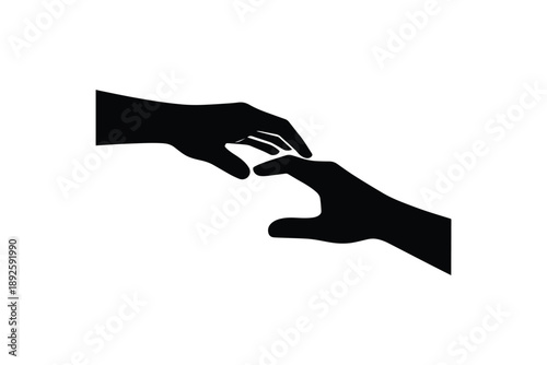 Black silhouette of two hands reaching out to each other, a symbol of connection and help on a white background