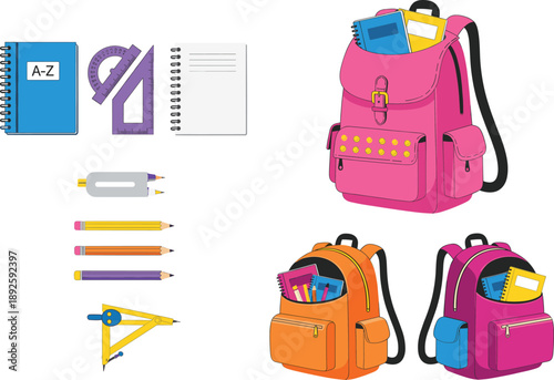 Flat Vector Illustration of School Supplies Set Featuring Backpacks, Notebooks, Geometry Tools, and Pencils