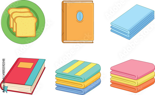 Flat Vector Illustration Set Featuring Slices of Bread, Hardcover Books, and Stacks of Colorful Folded TowelsFlat Vector Illustration Set Featuring Slices of Bread, Hardcover Books, and Stacks of Colo