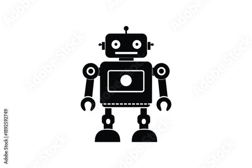 Retro black robot icon, vintage android character, sci-fi machine illustration, white background
