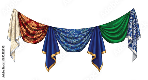 Decorative Fabric Swag with Red Gold Blue and Green Patterns Isolated on a White Background