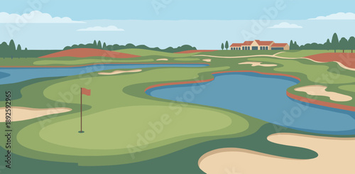 Le Golf National illustration. Championship golf course with water hazards, green fairway, modern clubhouse. Flat vector style. European luxury golf background