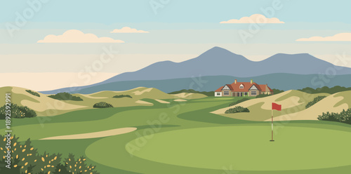 Royal County Down Golf Club illustration. Classic links golf course with rolling dunes, clubhouse and mountain backdrop. Flat vector style golf landscape