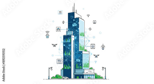Modern Smart City Skyscraper Illustration with Technology Icons and Data Visualization Elements