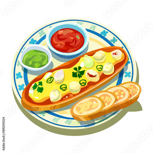Mediterranean breakfast set with bread omelet and fresh dipping sauces on blue plate - Vector Illustration