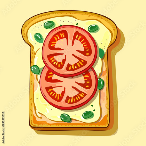 Simple healthy snack toast with thick slices of fresh red tomato and green herbs - Vector Illustration