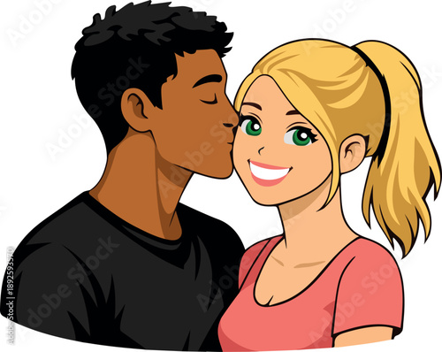 A cute and romantic vector illustration of a happy multiracial couple. A dark-skinned man gently kisses a smiling blonde woman on the cheek. The woman is looking forward with bright green eyes, expres