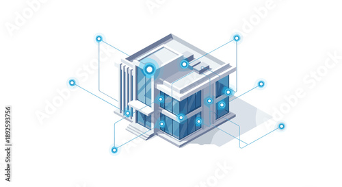Isometric Modern Building Illustration with Digital Network Nodes and Connection Lines