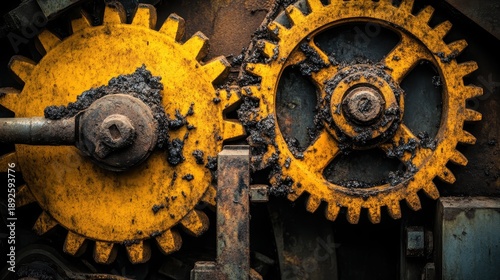 Close up of interlocking yellow metallic gears seized with industrial grime and rust