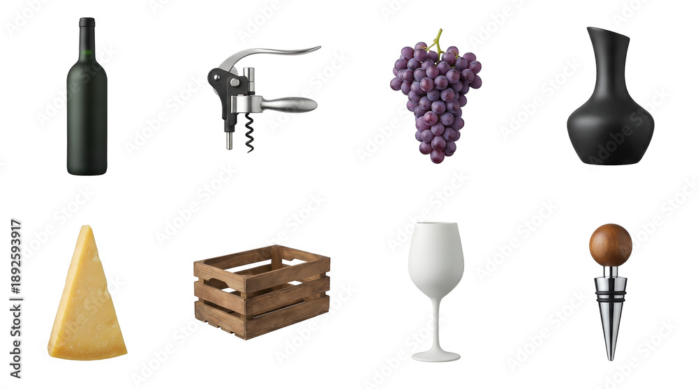 Fototapeta premium Wine tasting set including bottle, lever corkscrew, grapes, decanter, cheese, crate, glass, and stopper isolated. Sommelier and vineyard collection.