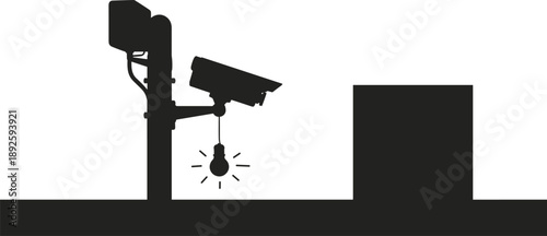 Surveillance camera silhouette with hanging light bulb concept for security monitoring, privacy control, technology warning, urban safety illustration