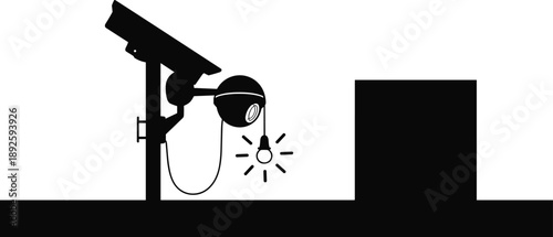 Surveillance camera silhouette with hanging light bulb symbolizing security monitoring, privacy awareness, technology control, urban safety and warning concept