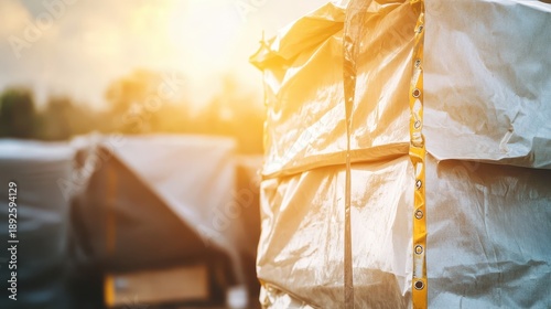 Large stack of heavy duty industrial tarpaulins for weather protection stored outdoors in bright sunlight