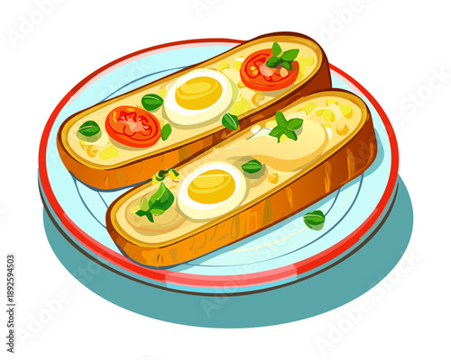 Healthy toasted bread topped with boiled egg slices and fresh tomato for nutritious and quick snack - Vector Illustration