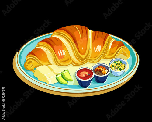 Delicious croissant platter served with assorted dipping sauces and fresh garden salad for gourmet brunch meal - Vector Illustration