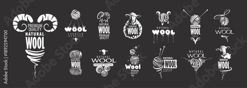 Monochrome textiles with handcrafted emblems and symbols. Elegant black and white wool logos featuring vintage emblems and crafted sheep icons