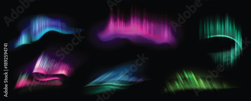 Aurora northern light and borealis background with polar sky and color gradient in winter night. Arctic ray effect for Lapland, Alaska and Nordic landscape. Magical vector panorama, abstract nature