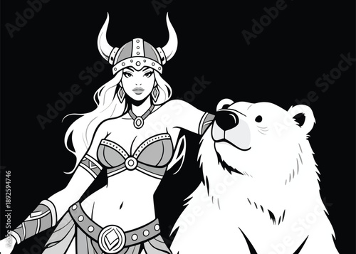 Viking Woman With Bear Illustrator Artwork Creative Design Template 

