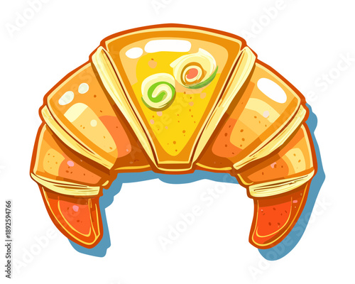 Golden baked croissant pastry with light herb garnish served for gourmet breakfast and afternoon snack time - Vector Illustration