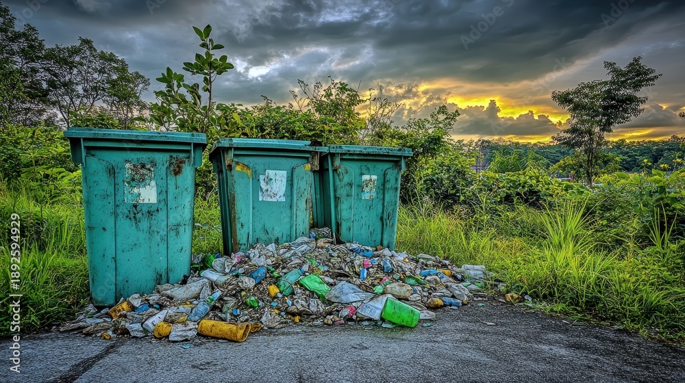 Naklejka premium Overflowing green industrial waste bins with accumulated trash spilling onto the ground in an overgrown outdoor scene at sunset
