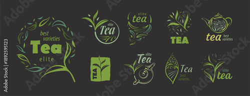A set of vector hand-drawn tea logos