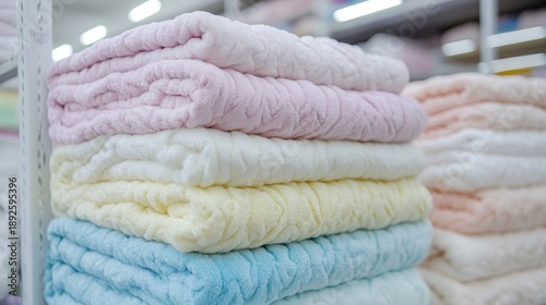 Neatly stacked clean folded blankets in pastel colors showcasing soft texture and layers