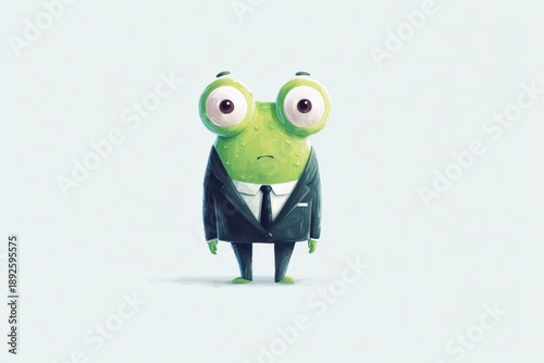 Whimsical green monster in a business suit with a big-eyed friendly grin on a white background