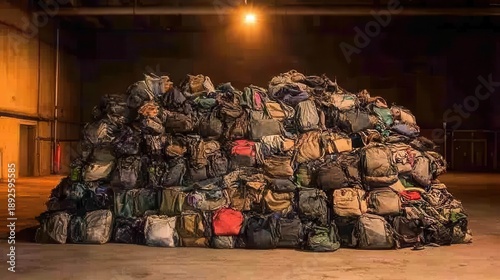 Large pile of worn backpacks and bags stacked haphazardly indoors under a single overhead light