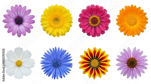 Colorful flower head set including gerbera, zinnia, cosmos, and gazania isolated. Floral collection for nature design and wedding decoration.