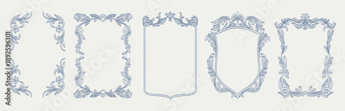 Whimsical baroque or rococo frames and renaissance borders. Vertical shapes with vintage victorian elegance decorated with whimsy lines and squiggles perfect for wedding invitation cards, scrapbooking