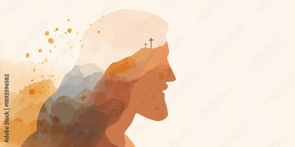 Naklejka premium Silhouette of a man with mountains and crosses inside for a religious concept. Christianity and Easter theme art for spiritual design.
