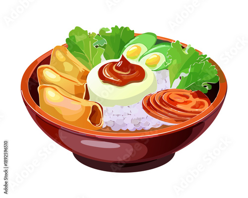 Rice bowl with fried egg and spring rolls served with fresh salad for complete asian meal - Vector Illustration