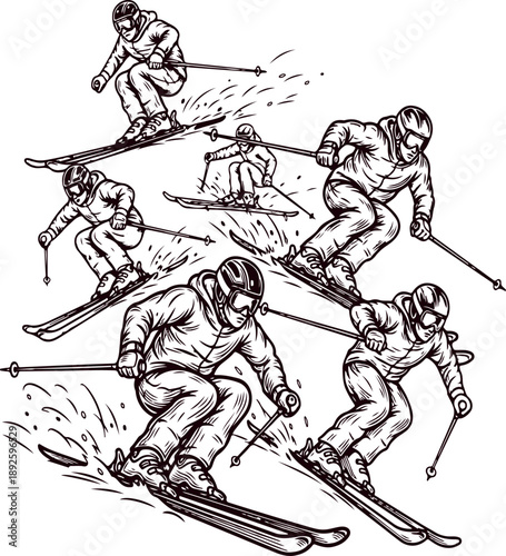 Vintage Hand-Drawn Downhill Skiing Action Poses