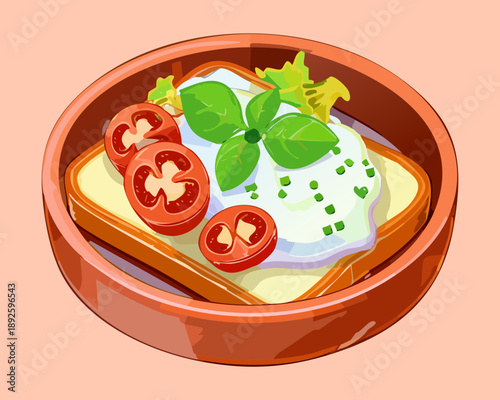 Fresh bruschetta bread with cream cheese and sliced tomatoes garnished with aromatic green basil leaf herb - Vector Illustration