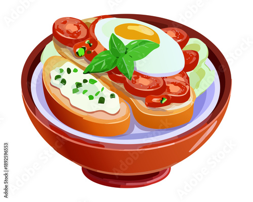Breakfast toast topped with cream cheese and tomato slices garnished with fresh green basil leaf herb - Vector Illustration