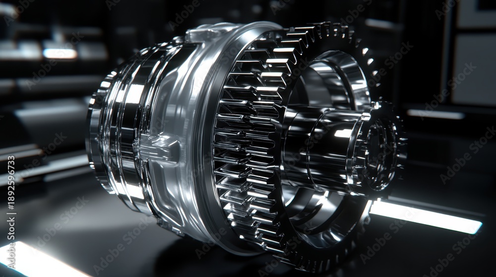 Fototapeta premium Precision engineered metallic gears meshing smoothly in a complex mechanical system