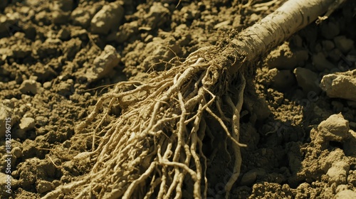 Exposed dry rootlets of a resilient plant gripping the soil and earth with intricate fibrous structures visible in natural detail