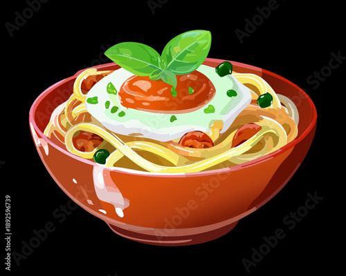 Italian spaghetti pasta with tomato sauce and fried egg topped with fresh basil leaf in bowl - Vector Illustration