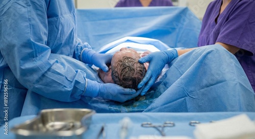 Medical Hands Assisting Vaginal Delivery of Newborn.