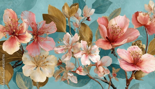 A close-up view of delicate, watercolor-style blossoms in shades of pink, cream, and peach against teal backdrop