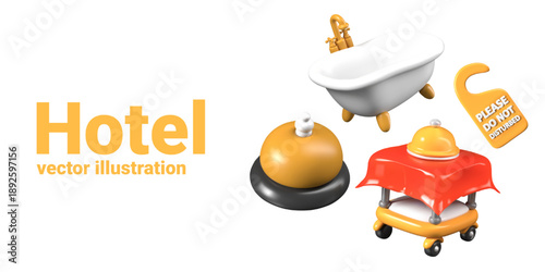 Set of isolated 3D hotel elements. Vector decorative templates on white background. Bright objects for advertising services, business, virtual interiors