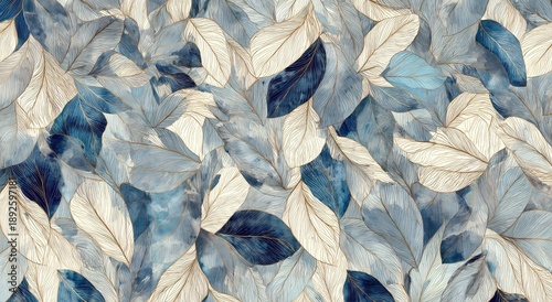 A close-up view of elegant stylized foliage in varied blue, white, and gold hues. The design suggests a refined aesthetic