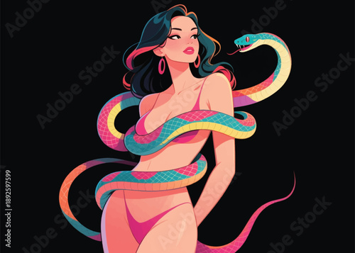 Beautiful Woman With Snake Wrapped Around Her Illustrator Artwork Creative Design Template 
