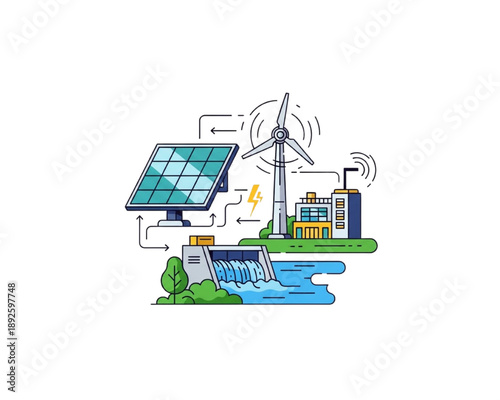 Renewable Energy Sources: Solar Panels, Wind Turbine, and Hydro Dam Powering Factory - Sustainable Green Electricity Generation Flat Vector Illustration