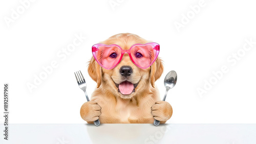 Golden Retriever Puppy Wearing Heart Sunglasses Holding Fork and Spoon, Mealtime Humor, Pet Nutrition, Dog Dining