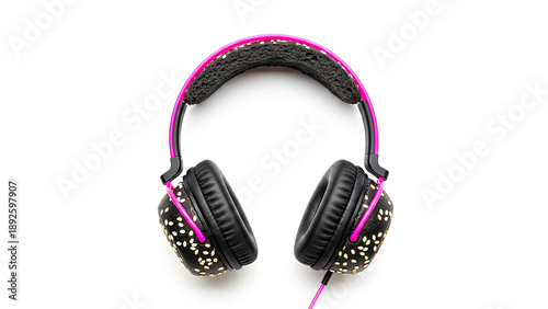 Pink Headphones with Black Sesame Seed Burger Bun Texture on White Background, Food Tech Mashup, Quirky Audio Design