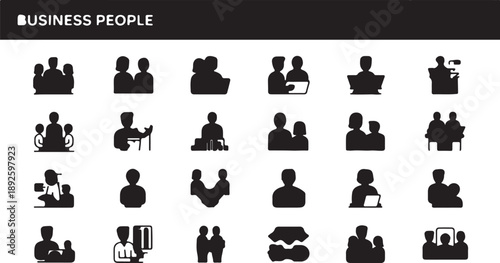 A collection of professional business and people icons in a clean, modern, minimalist design perfect for presentations and websites