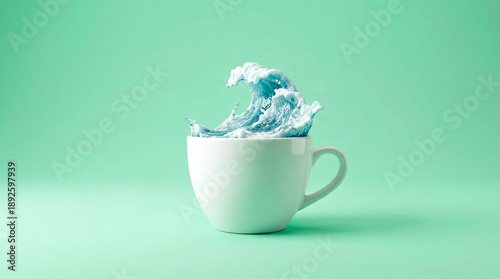 White coffee mug with blue sea wave splashing on mint background, Refreshing morning drink, Power of nature, Calm energy